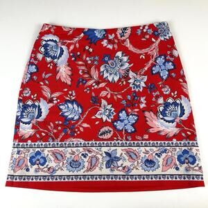 Talbots red floral skirt size 4 cotton stretch knee length side zip